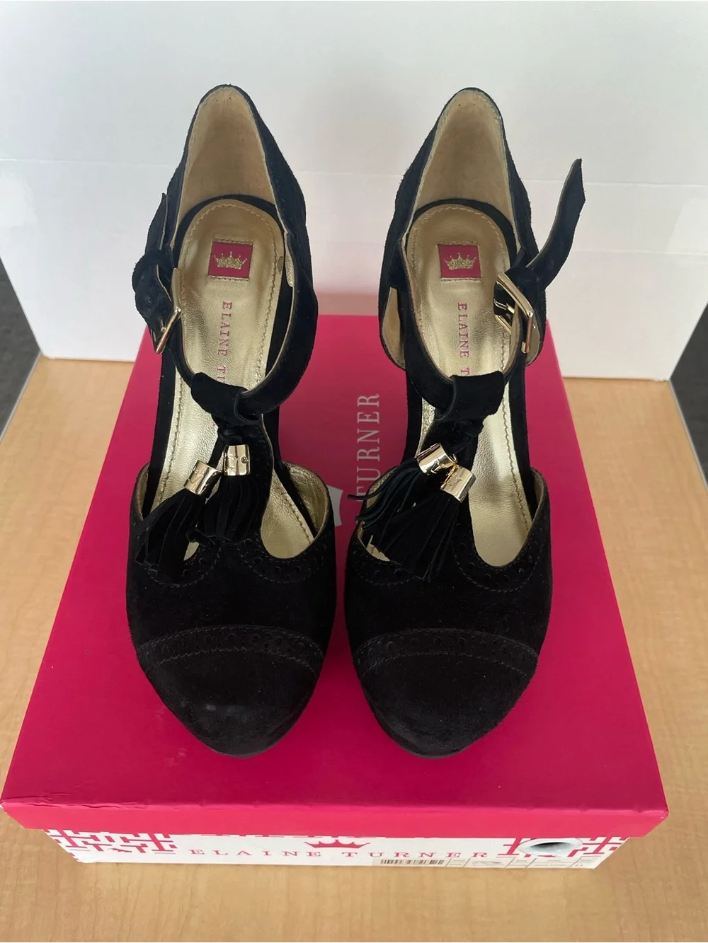 Elaine Turner Black Suede Tassel Wedge Sandals